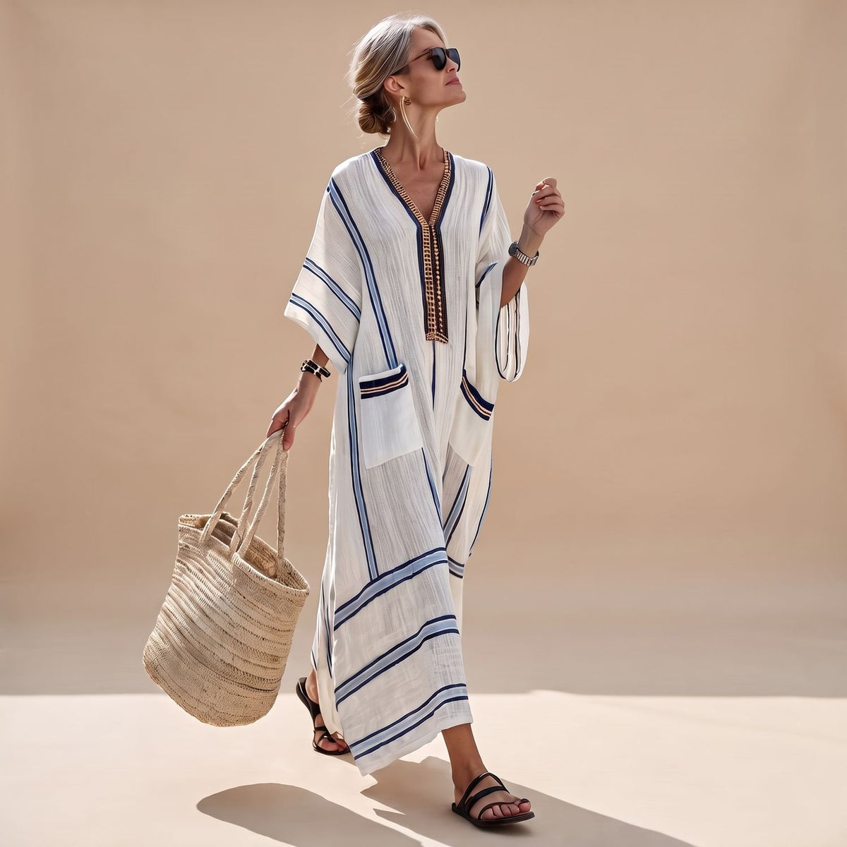 Women's Loose Striped Maxi Dress V-Neck Caftan with Pockets - Beige