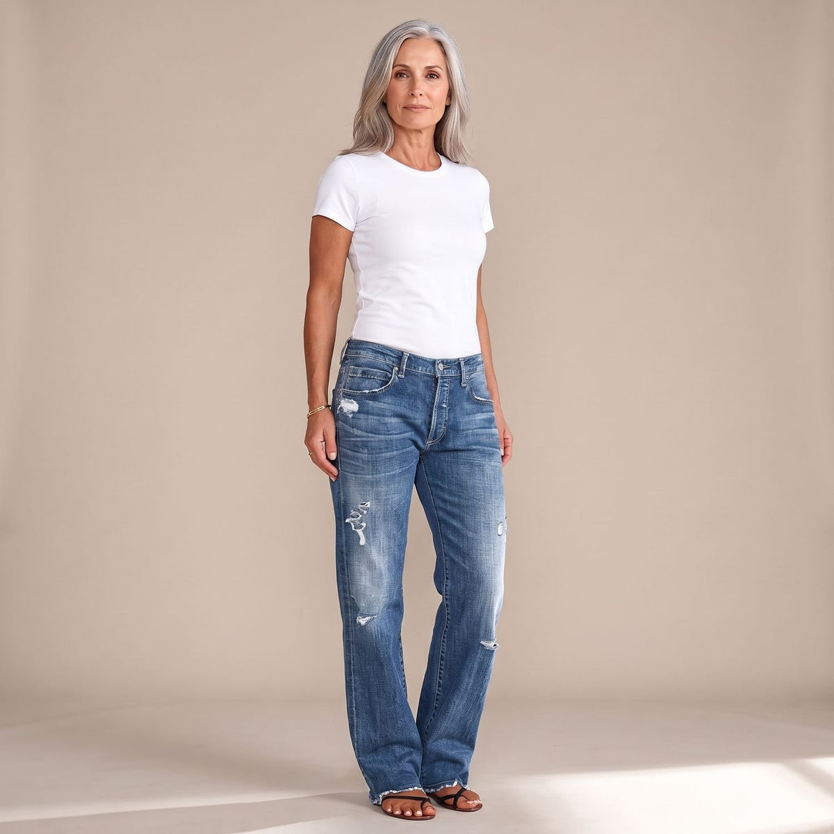 Women's Low-Rise Wide-Leg Distressed Straight Jeans - Dark Blue