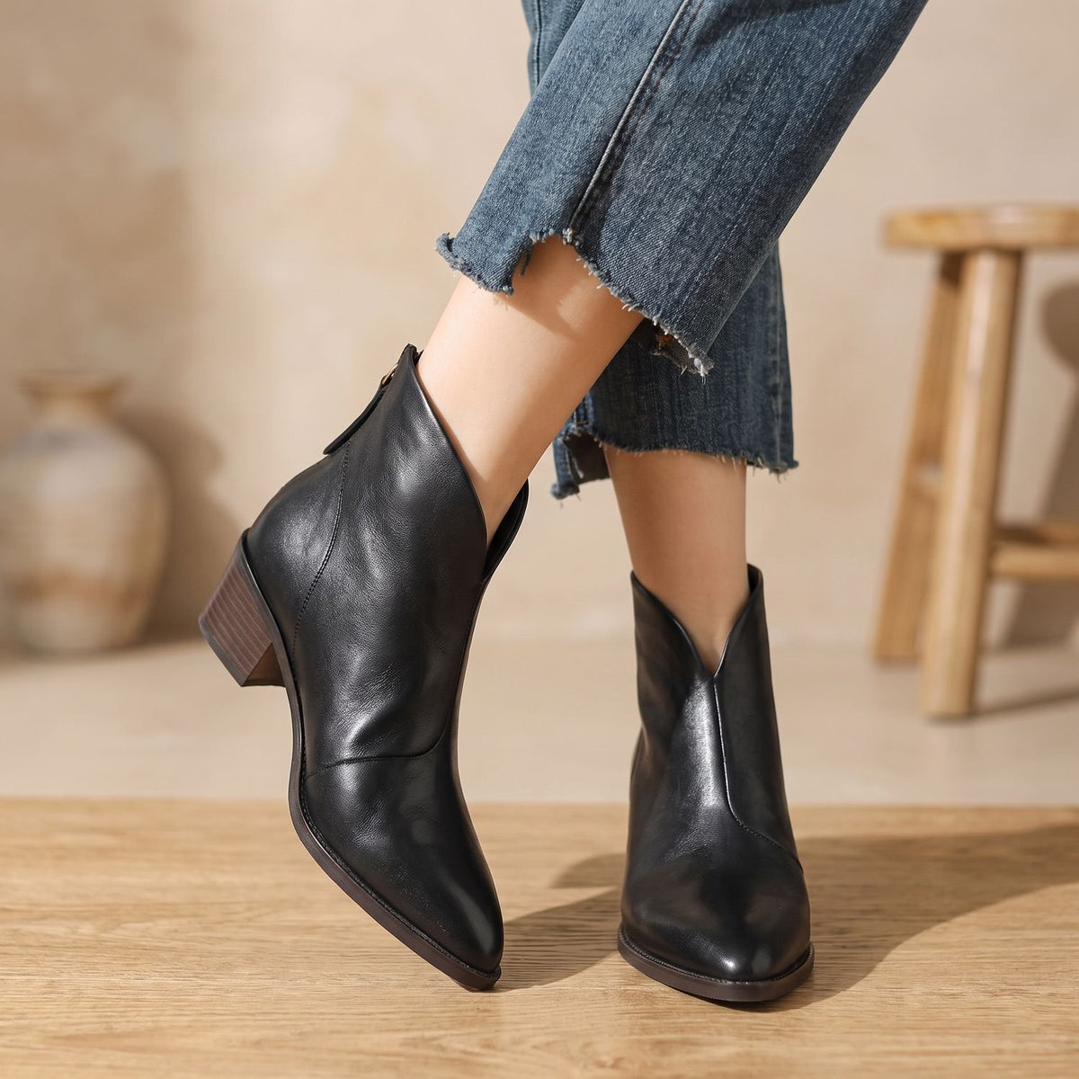 Women's Luxury Pointed-Toe Block-Heel Ankle Boots - Black