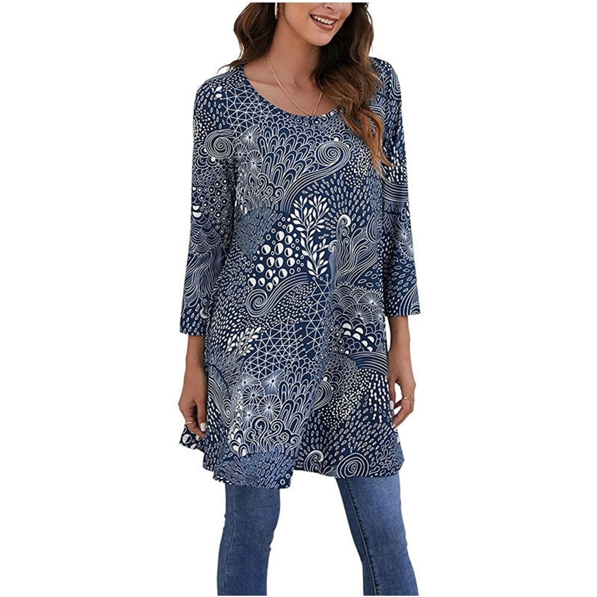 Women's Mandala Print 3/4 Sleeve Swing Tunic Top - A12