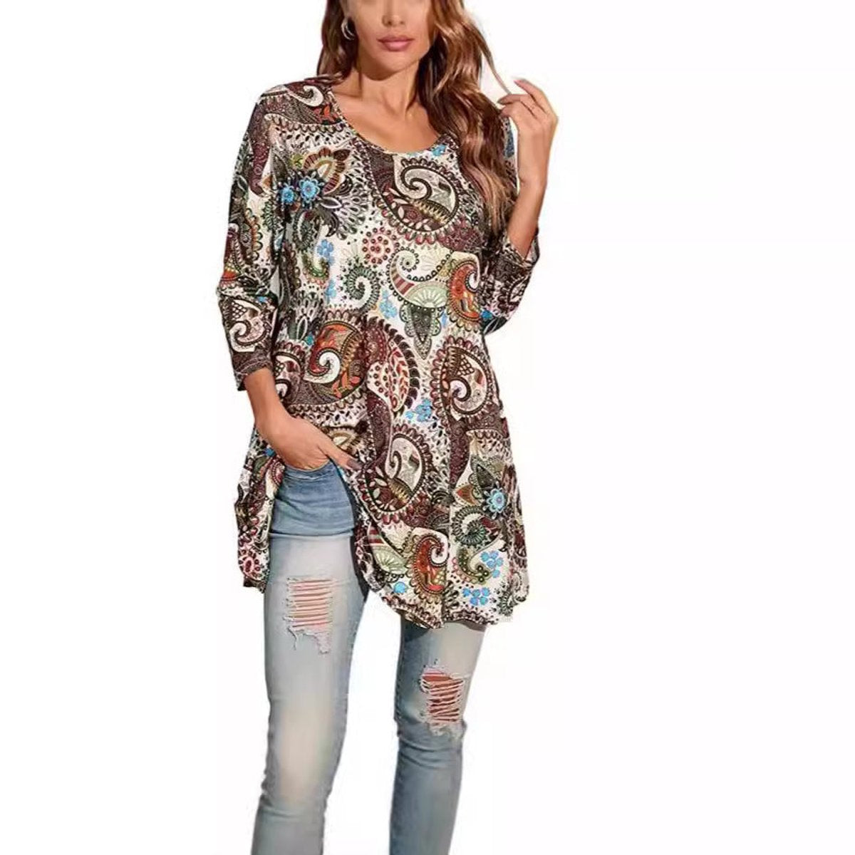 Women's Mandala Print 3/4 Sleeve Swing Tunic Top