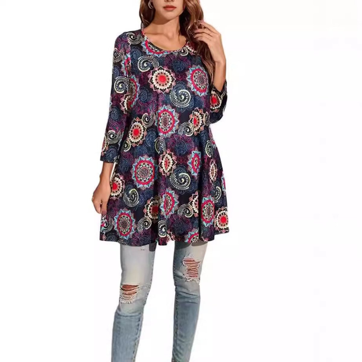 Women's Mandala Print 3/4 Sleeve Swing Tunic Top