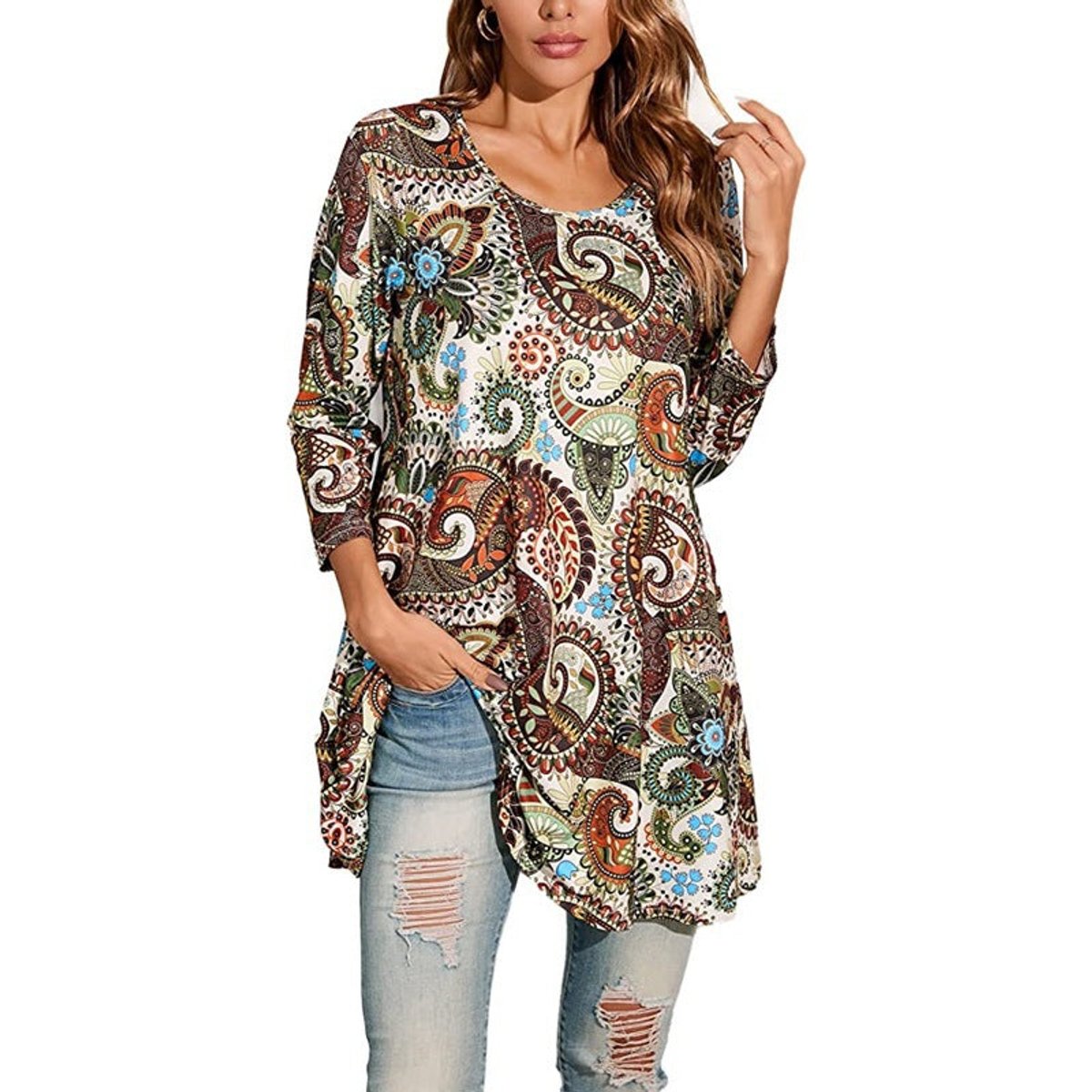 Women's Mandala Print 3/4 Sleeve Swing Tunic Top - A1
