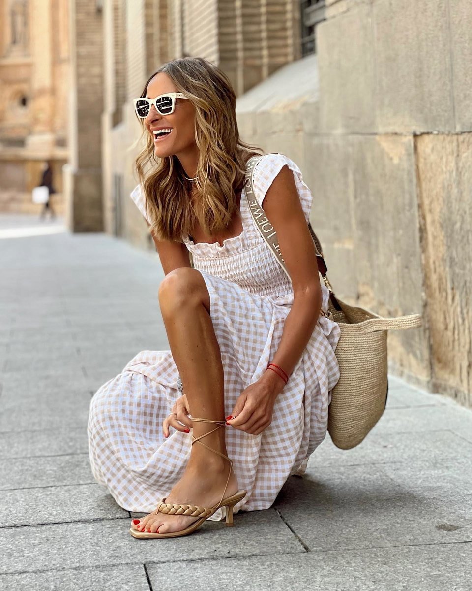 Womens Maxi Dress Gingham Smocked Waist Ruffle Cap Sleeve