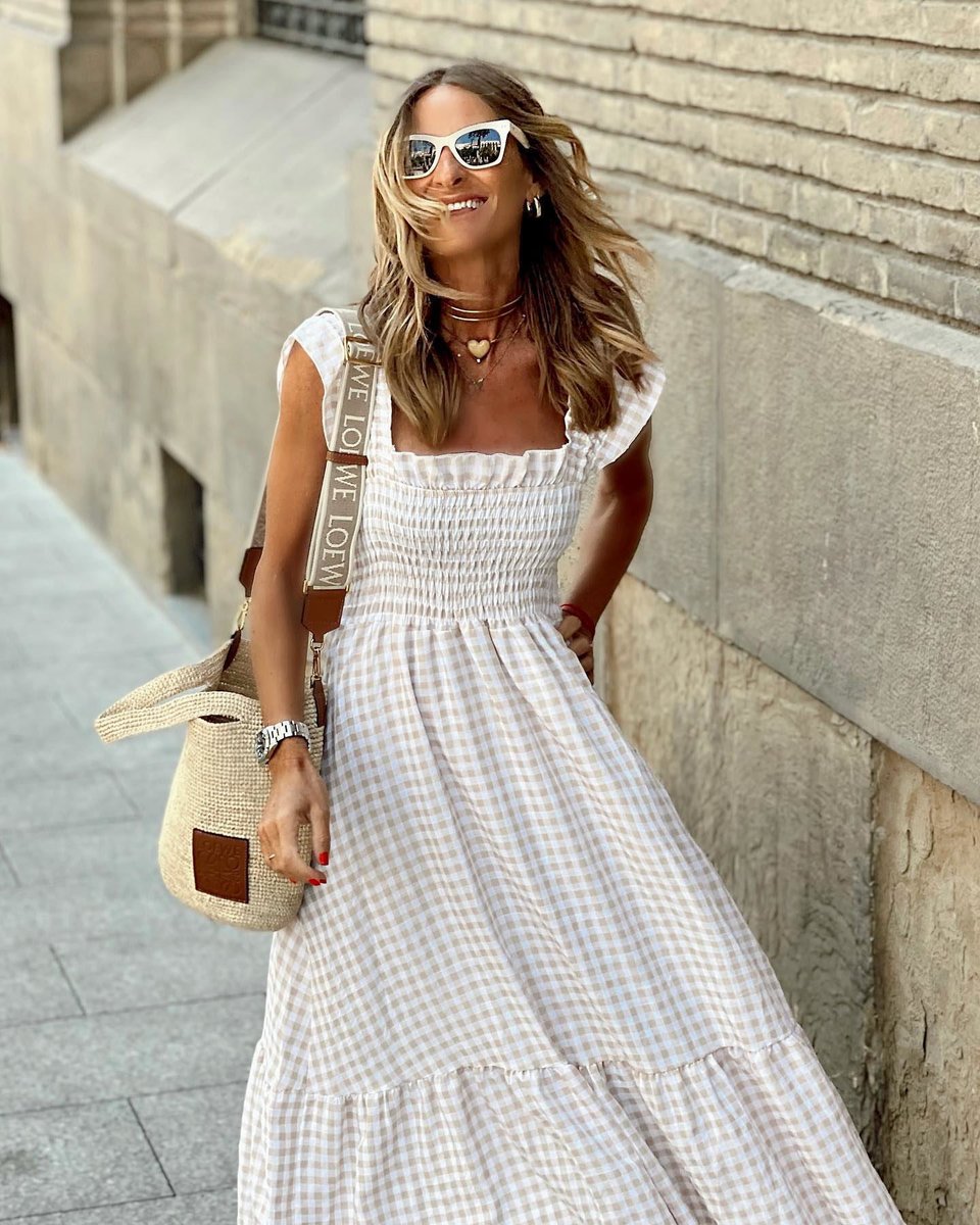 Womens Maxi Dress Gingham Smocked Waist Ruffle Cap Sleeve
