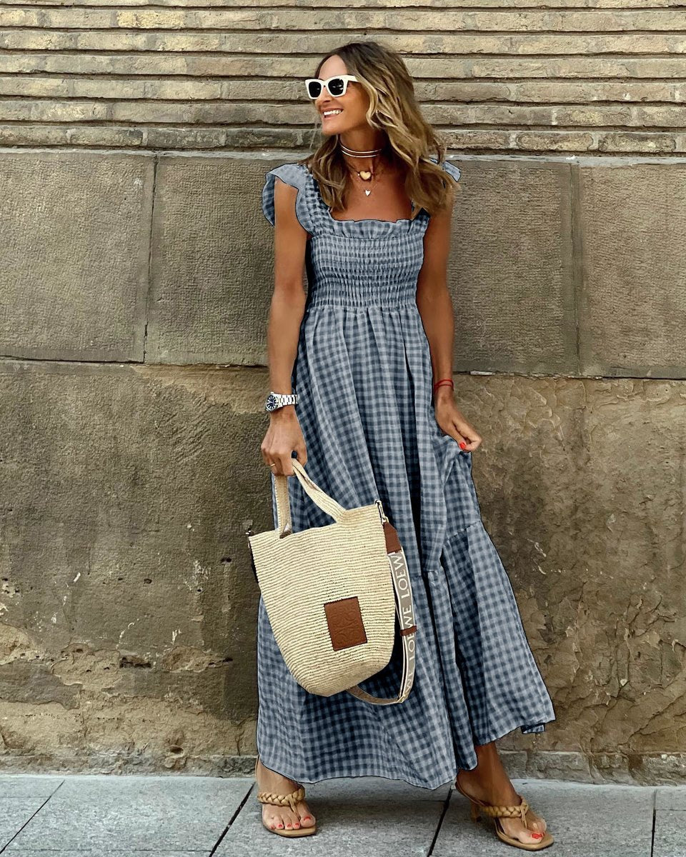 Womens Maxi Dress Gingham Smocked Waist Ruffle Cap Sleeve - Black