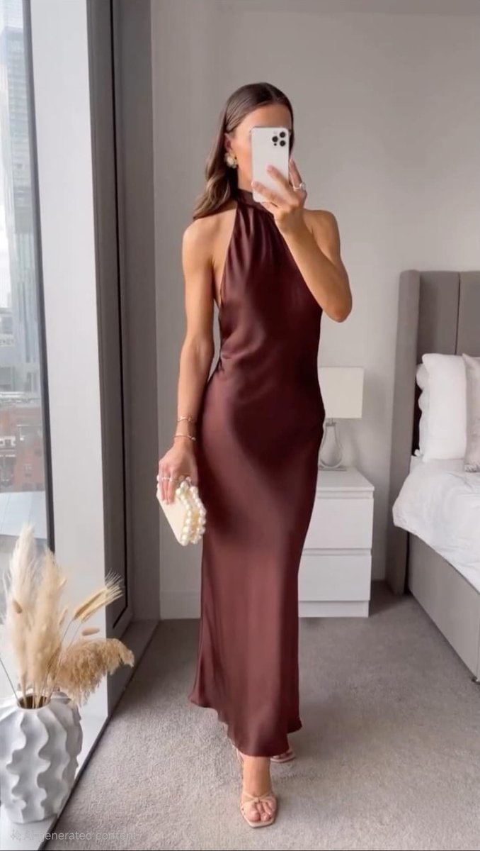 Womens Maxi Dress Halter Neck Satin Slip Backless Gown - Brown