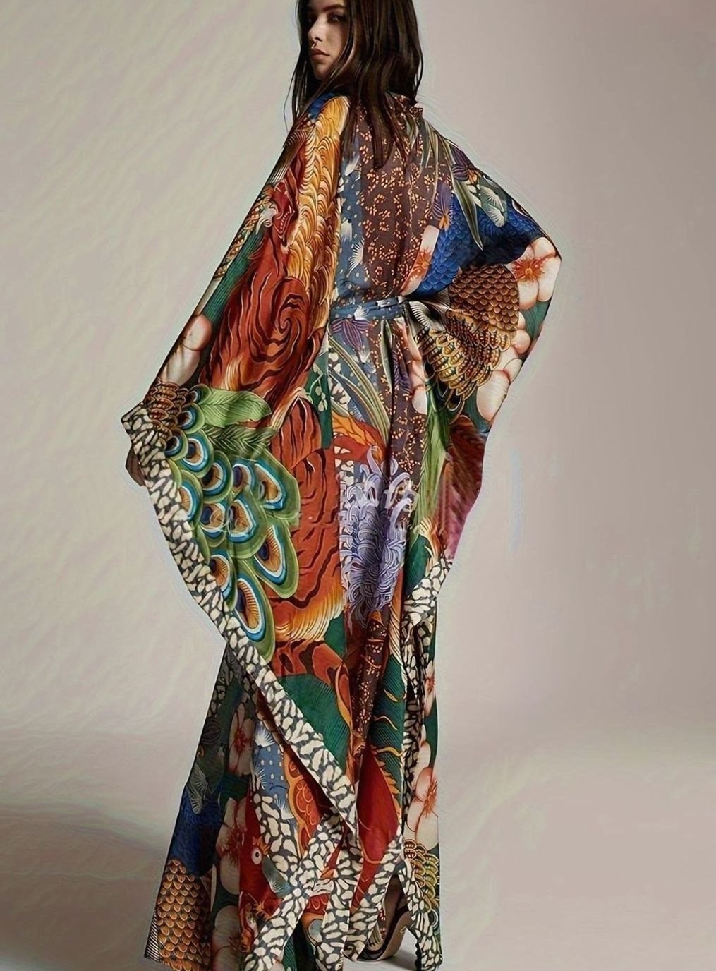 Women's Maxi Kimono Kaftan Batwing Oriental Collage Print