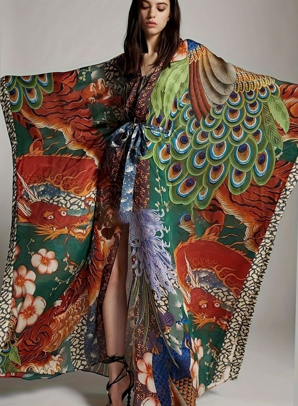 Women's Maxi Kimono Kaftan Batwing Oriental Collage Print
