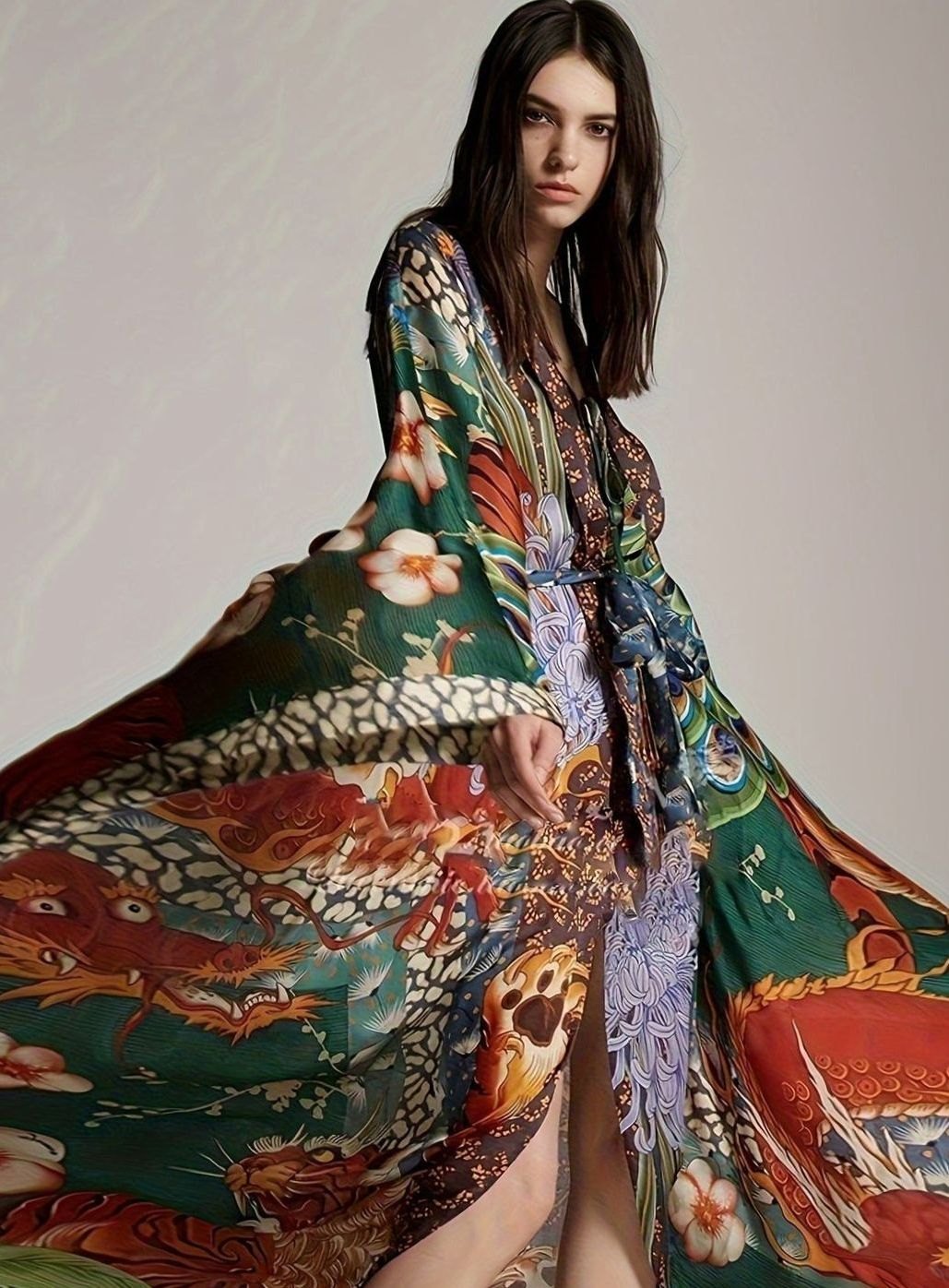 Women's Maxi Kimono Kaftan Batwing Oriental Collage Print