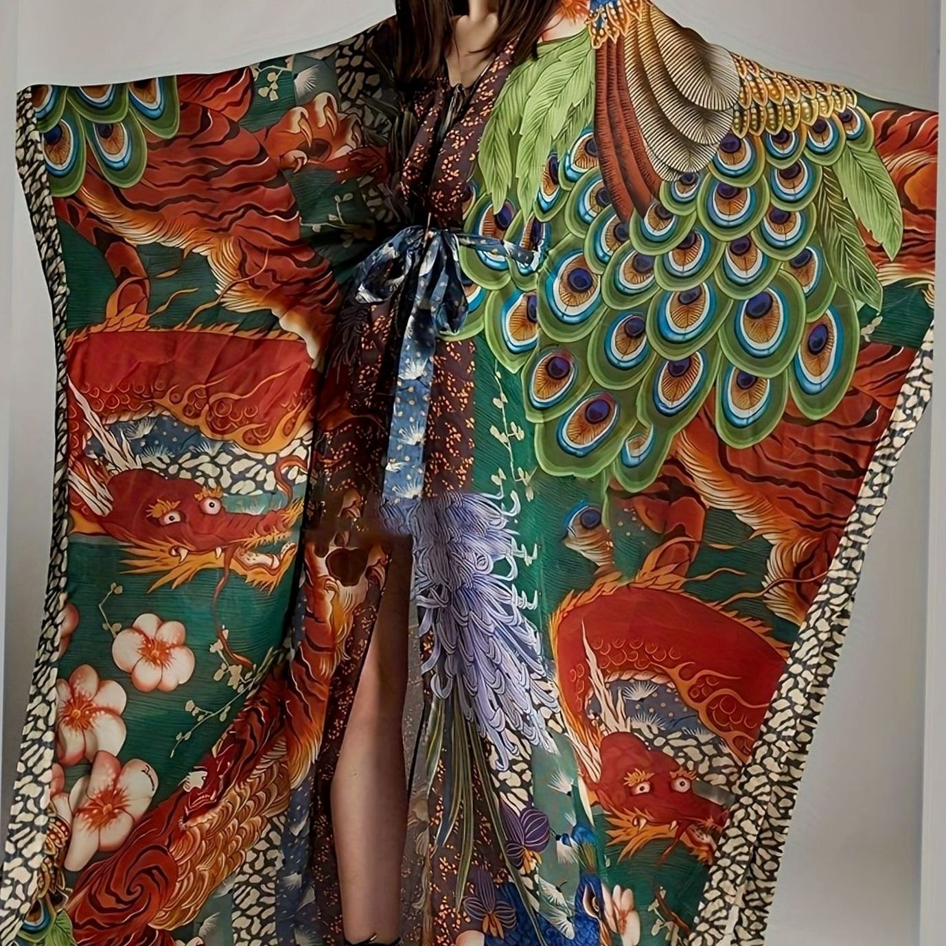 Women's Maxi Kimono Kaftan Batwing Oriental Collage Print - Multicolour