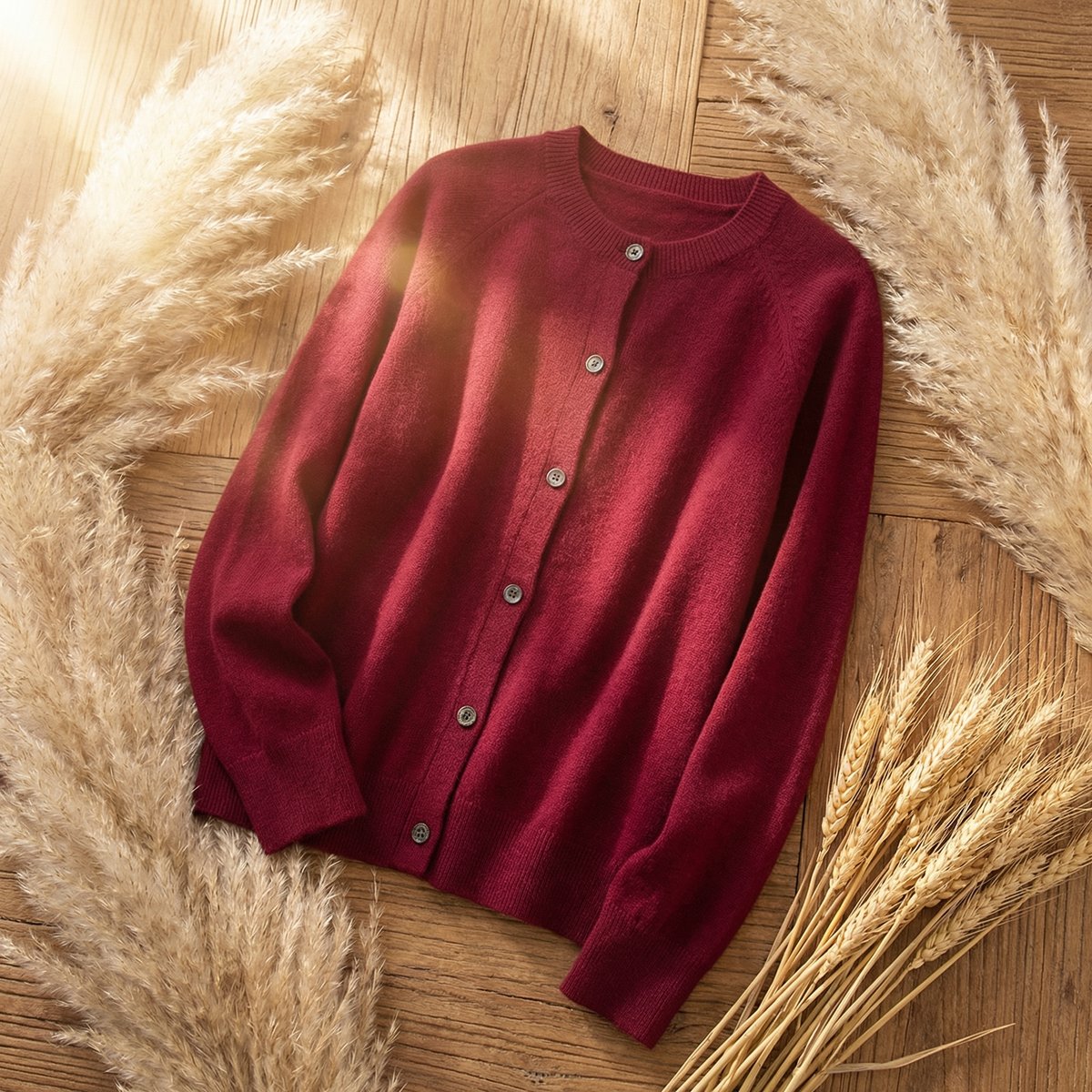Women's Merino Wool Long Sleeve Cardigan Jumper - Red