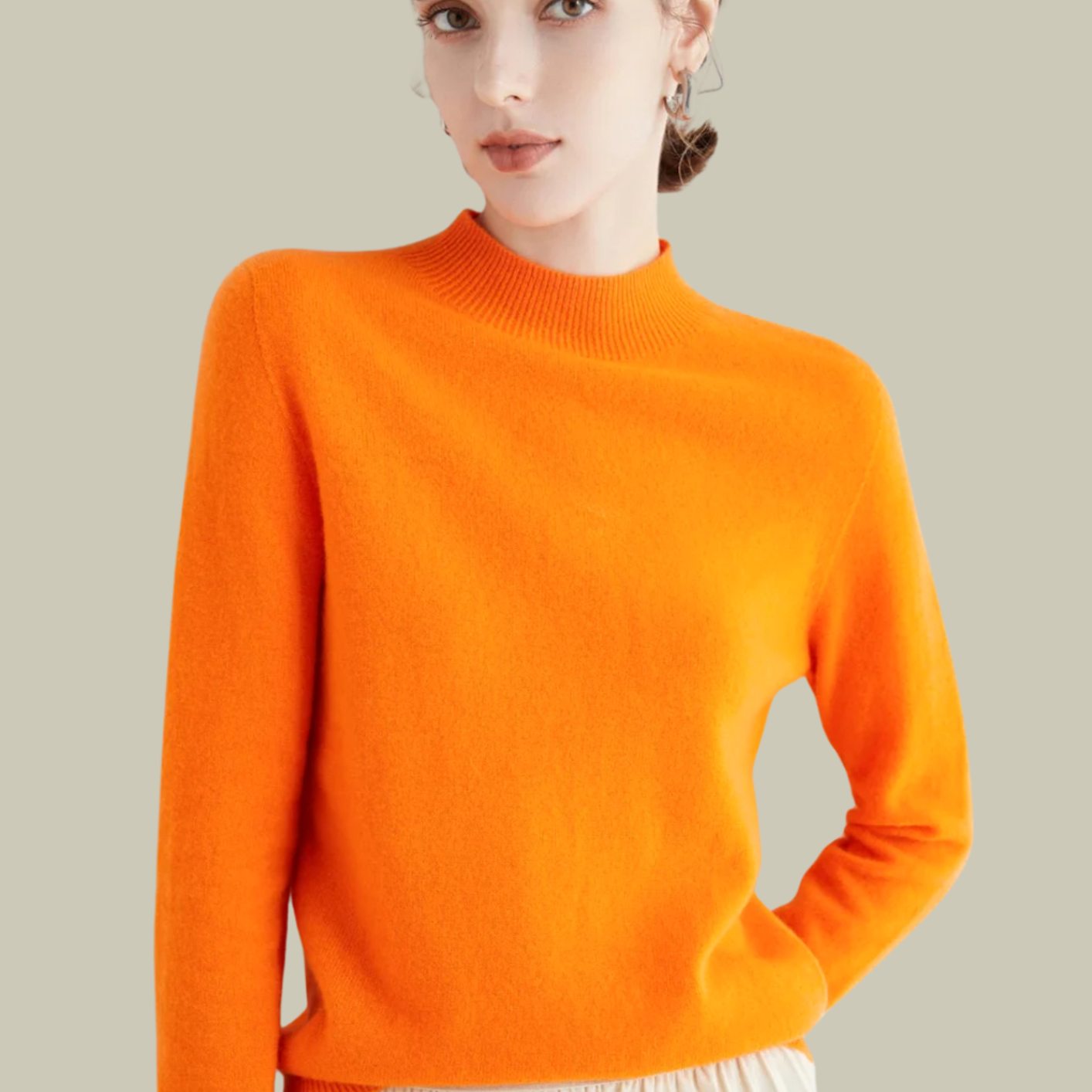 Women's Merino Wool Sweaters Mock Neck Relaxed Fit Knit Jumper - Orange