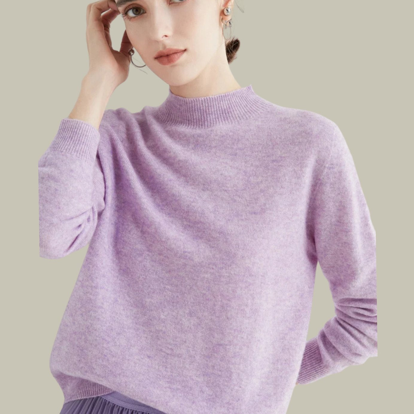 Women's Merino Wool Sweaters Mock Neck Relaxed Fit Knit Jumper - Jacquard Purple
