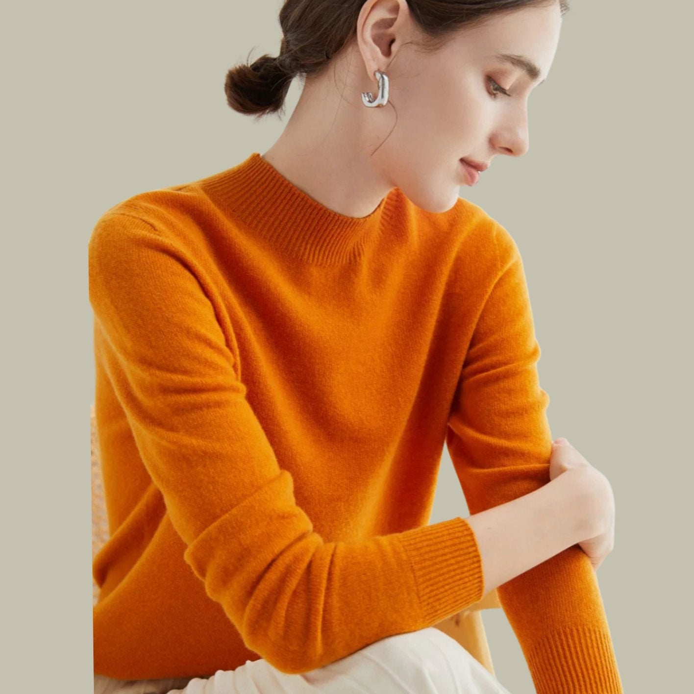 Women's Merino Wool Sweaters Mock Neck Relaxed Fit Knit Jumper - Pumpkin
