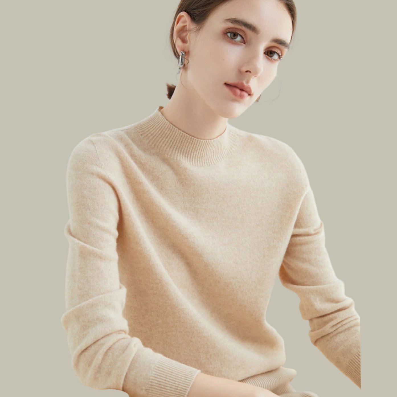 Women's Merino Wool Sweaters Mock Neck Relaxed Fit Knit Jumper - Beige