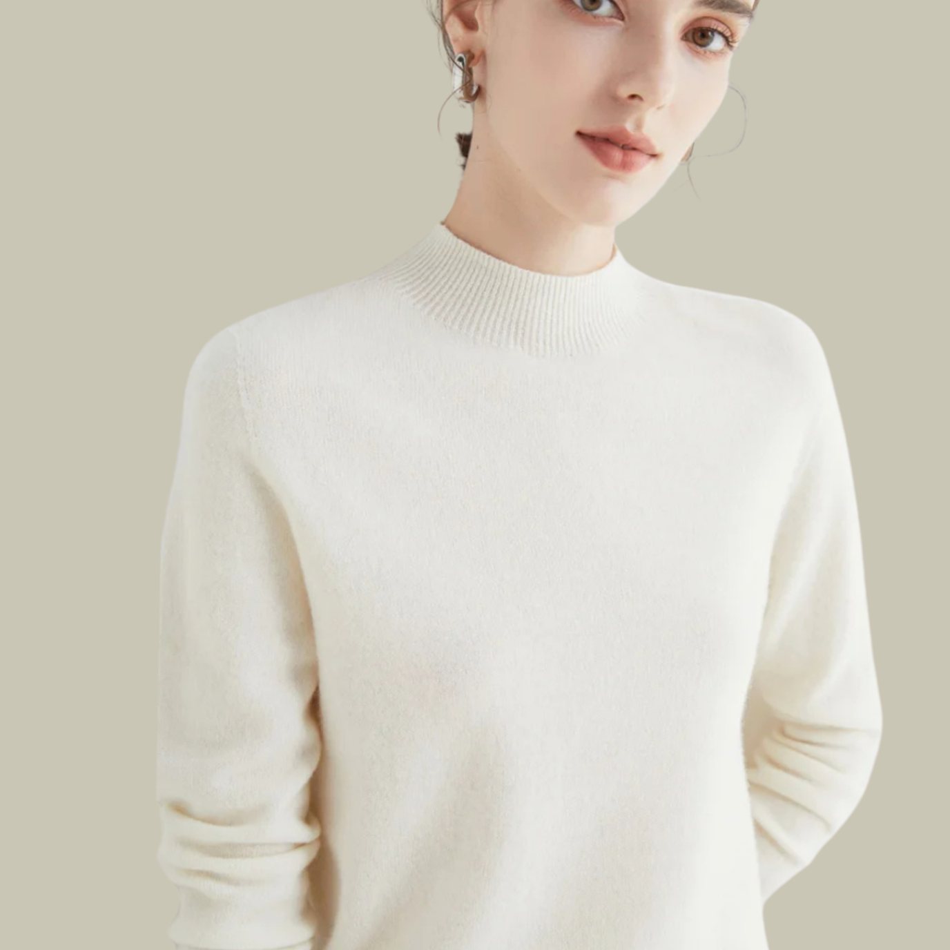 Women's Merino Wool Sweaters Mock Neck Relaxed Fit Knit Jumper - White