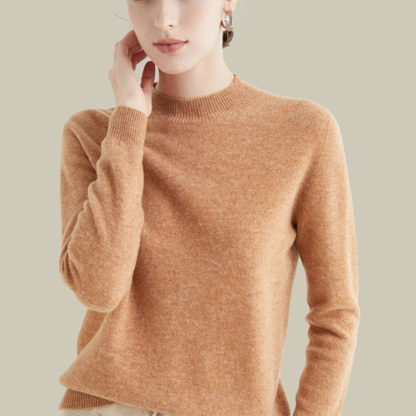 Women's Merino Wool Sweaters Mock Neck Relaxed Fit Knit Jumper - Golden Camel