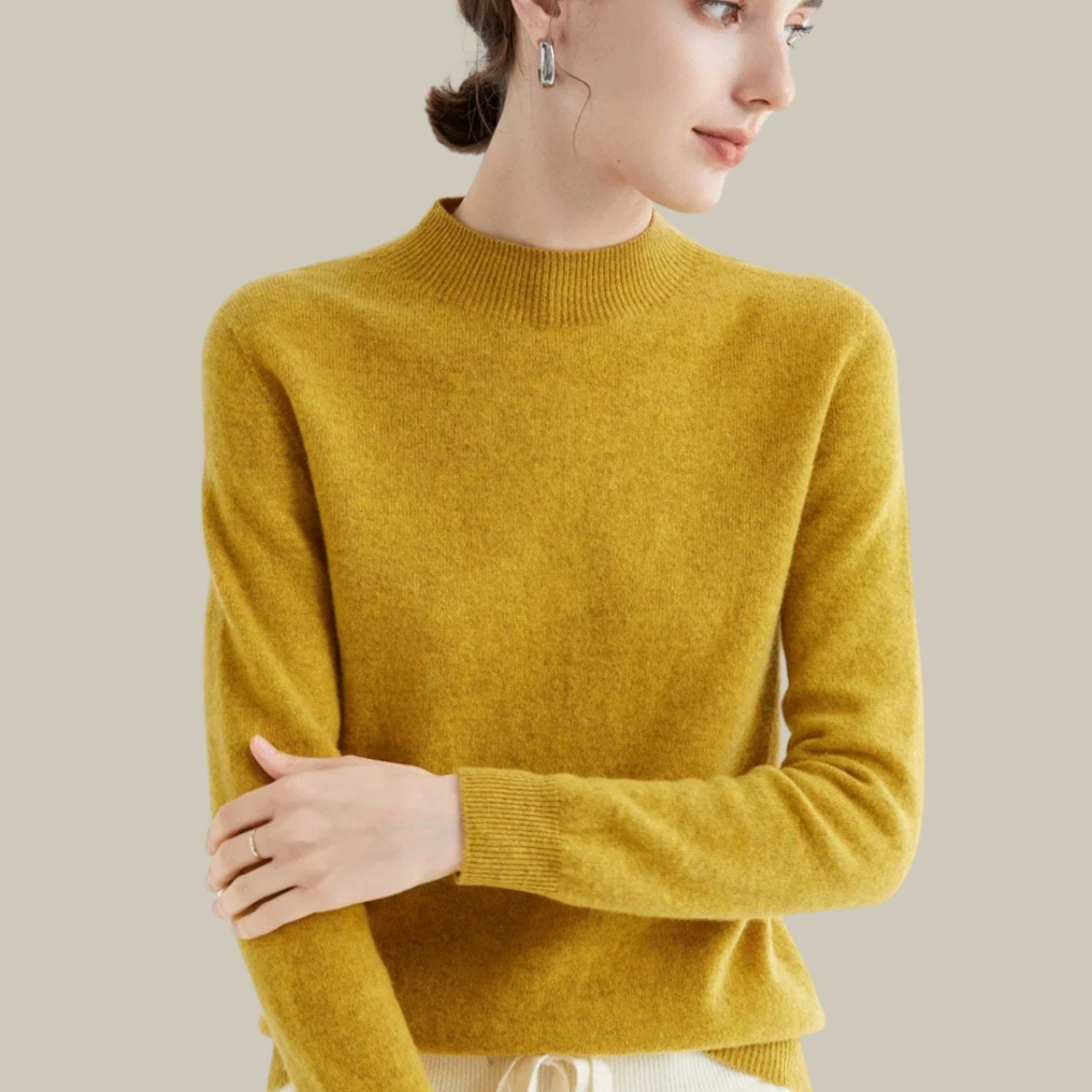 Women's Merino Wool Sweaters Mock Neck Relaxed Fit Knit Jumper - Mustard Yellow