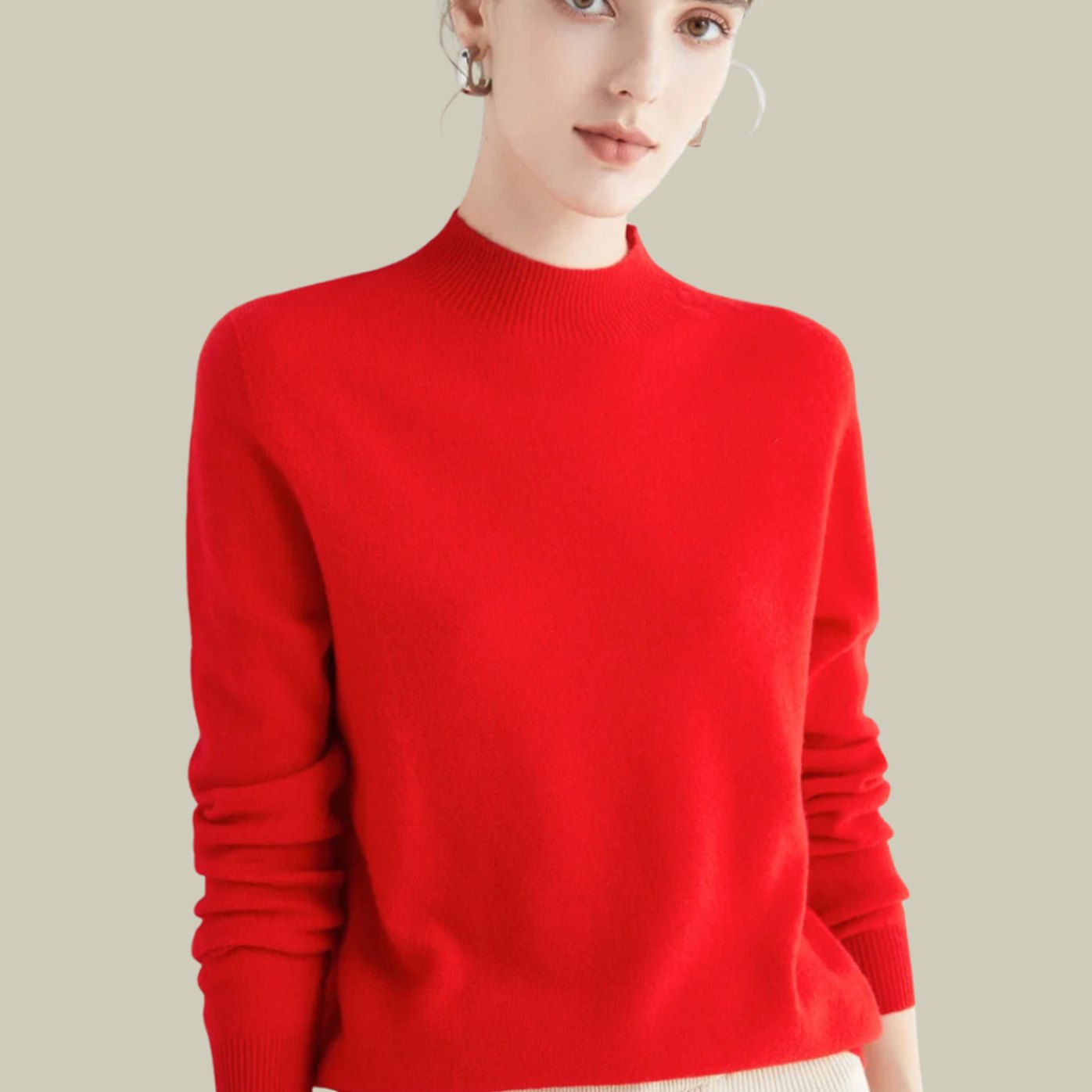Women's Merino Wool Sweaters Mock Neck Relaxed Fit Knit Jumper - Red