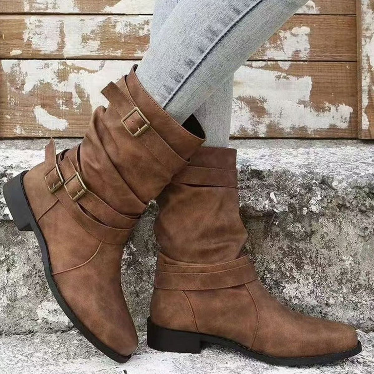 Women's Mid-Calf Slouch Boots Faux Leather Buckle Strap Block Heel