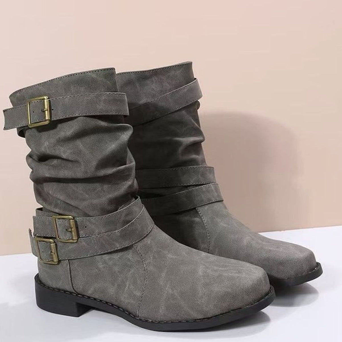 Women's Mid-Calf Slouch Boots Faux Leather Buckle Strap Block Heel