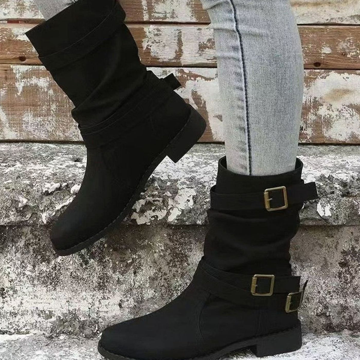 Women's Mid-Calf Slouch Boots Faux Leather Buckle Strap Block Heel - Black