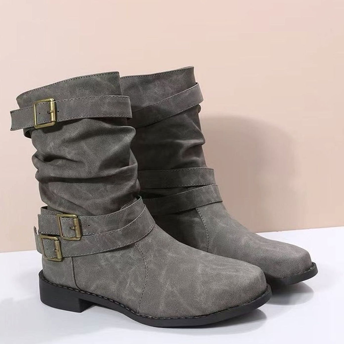 Women's Mid-Calf Slouch Boots Faux Leather Buckle Strap Block Heel - Grey