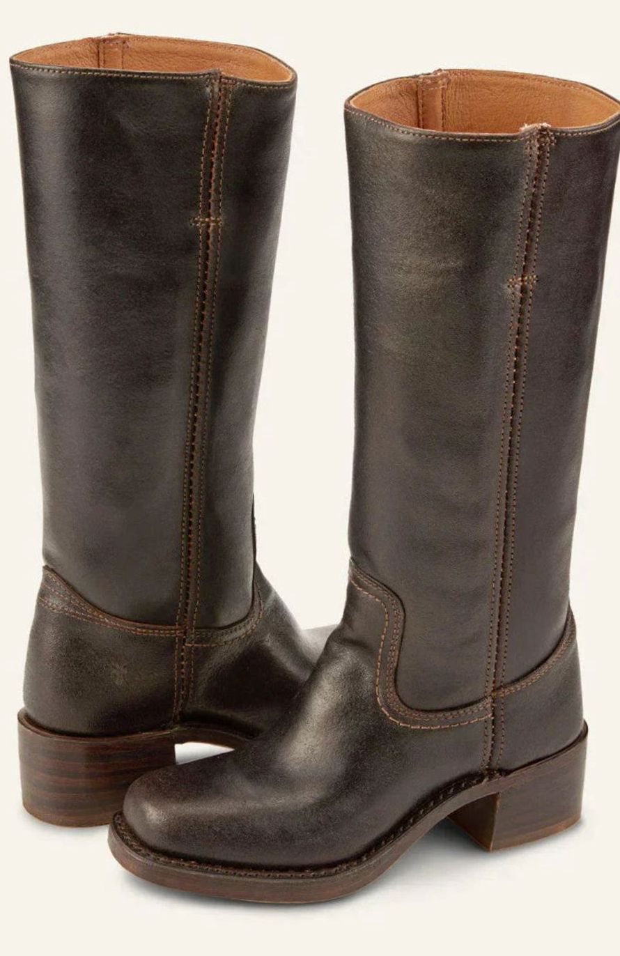 Women's Mid-Calf Stacked-Heel Slip-On Classic Western Boots - Dark Brown