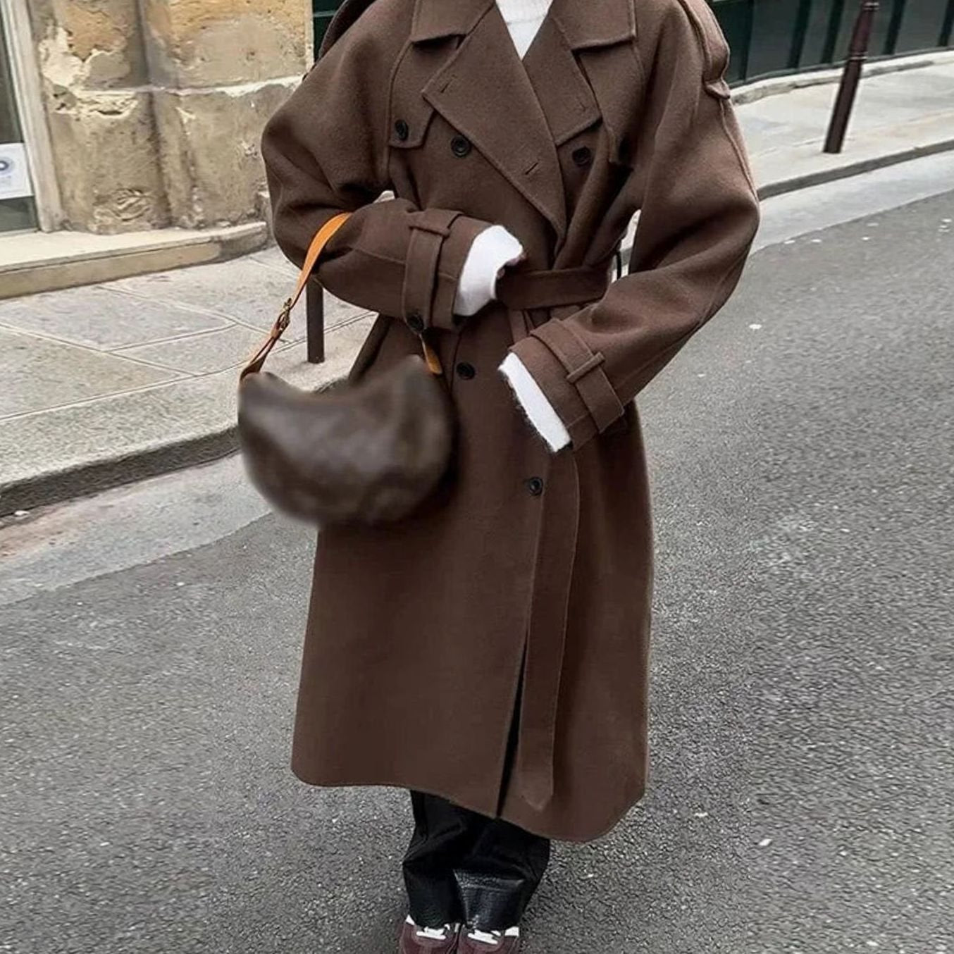Women's Mid-Length Belted Wool-Look Button-Up Coat - Brown