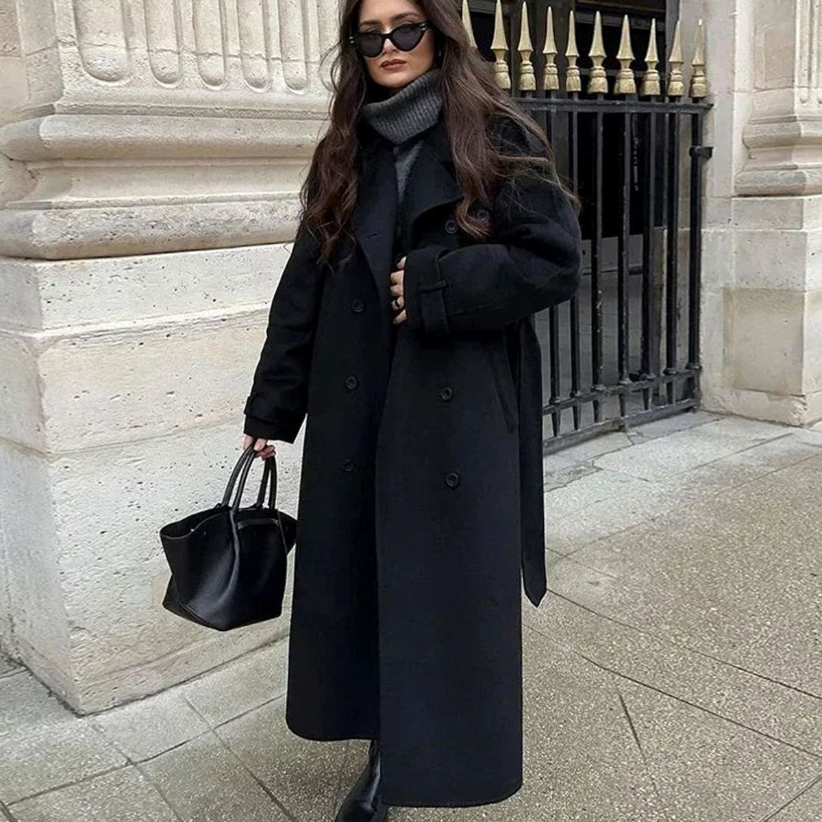 Women's Mid-Length Belted Wool-Look Button-Up Coat - Black