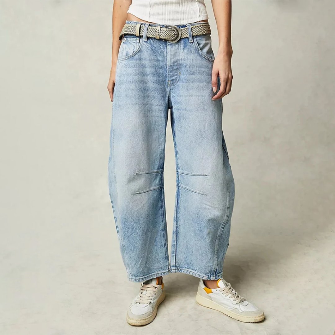 Women's Mid-Rise Cropped Barrel-Leg Wide-Fit Denim Jeans - Light Blue