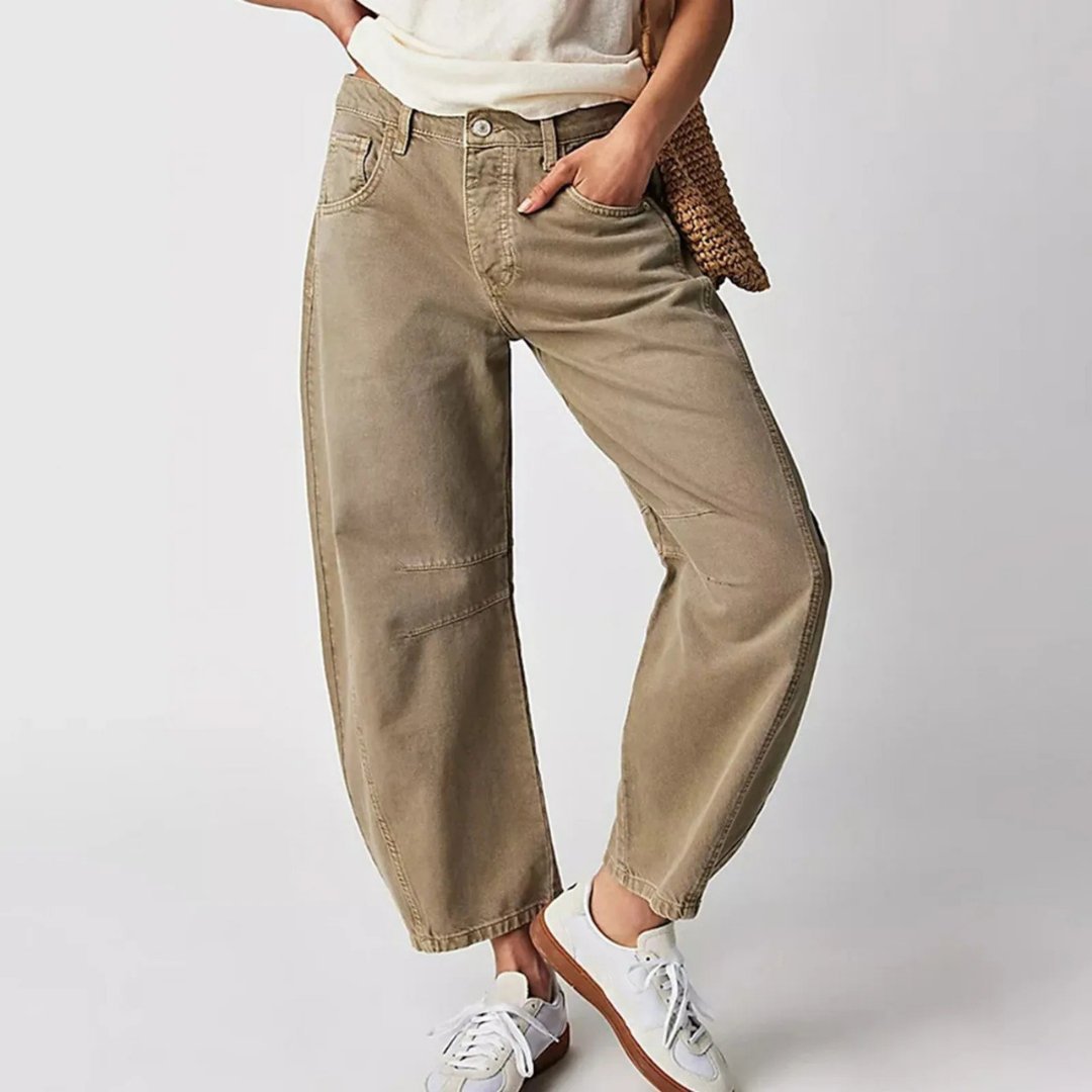Women's Mid-Rise Cropped Barrel-Leg Wide-Fit Denim Jeans - Khaki