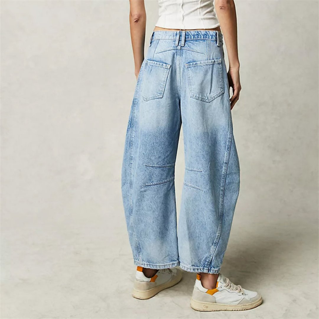 Women's Mid-Rise Cropped Barrel-Leg Wide-Fit Denim Jeans
