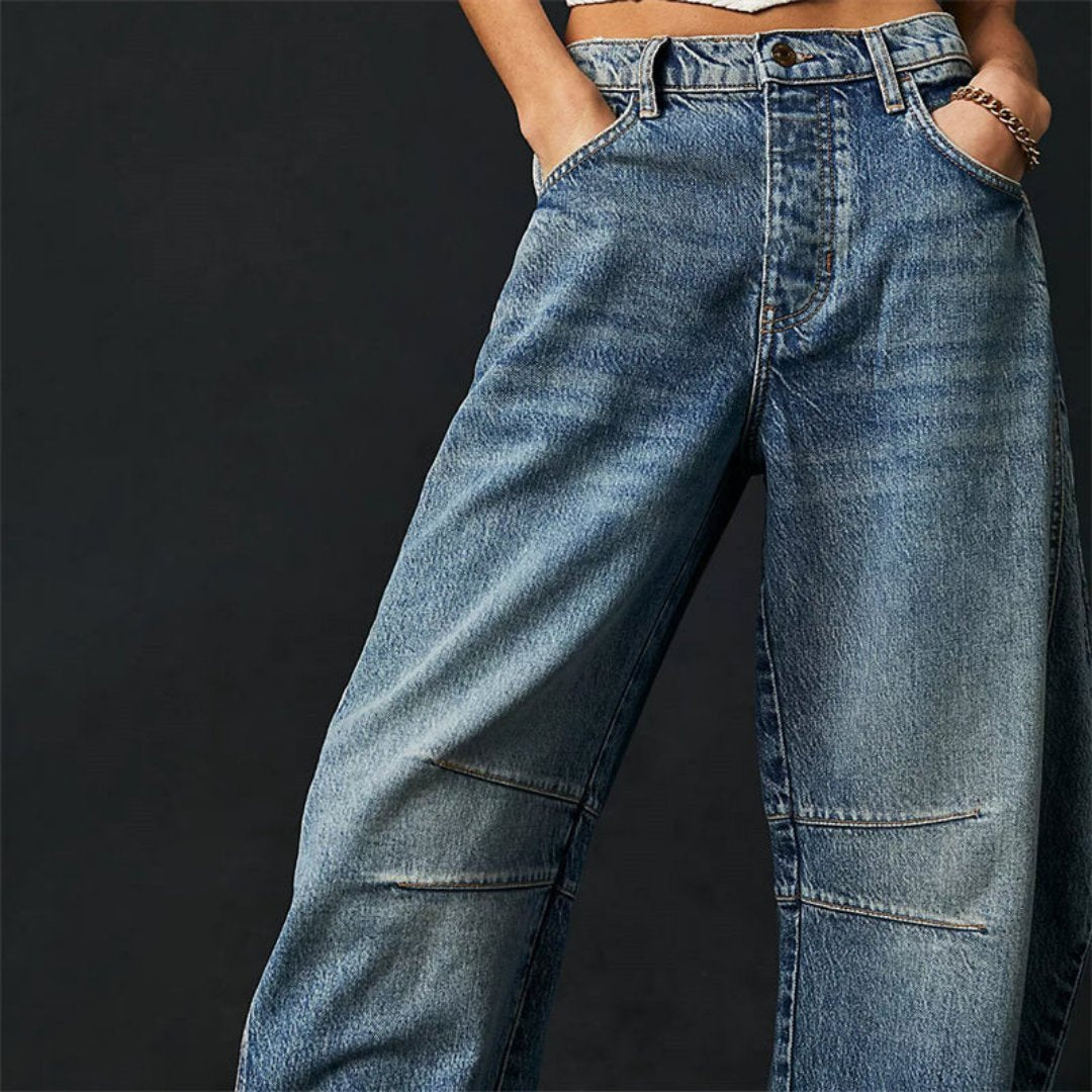 Women's Mid-Rise Cropped Barrel-Leg Wide-Fit Denim Jeans