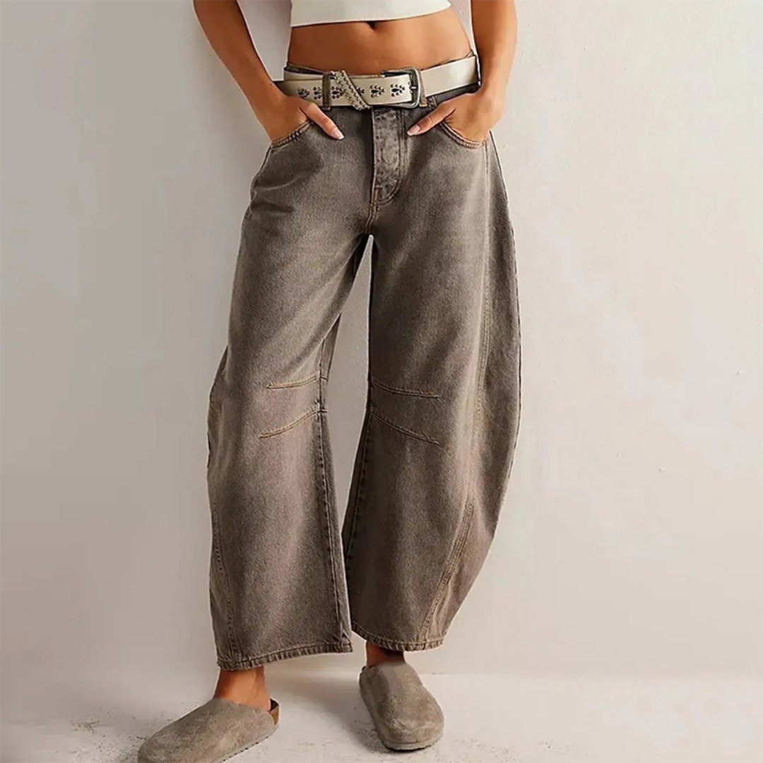 Women's Mid-Rise Cropped Barrel-Leg Wide-Fit Denim Jeans - Taupe