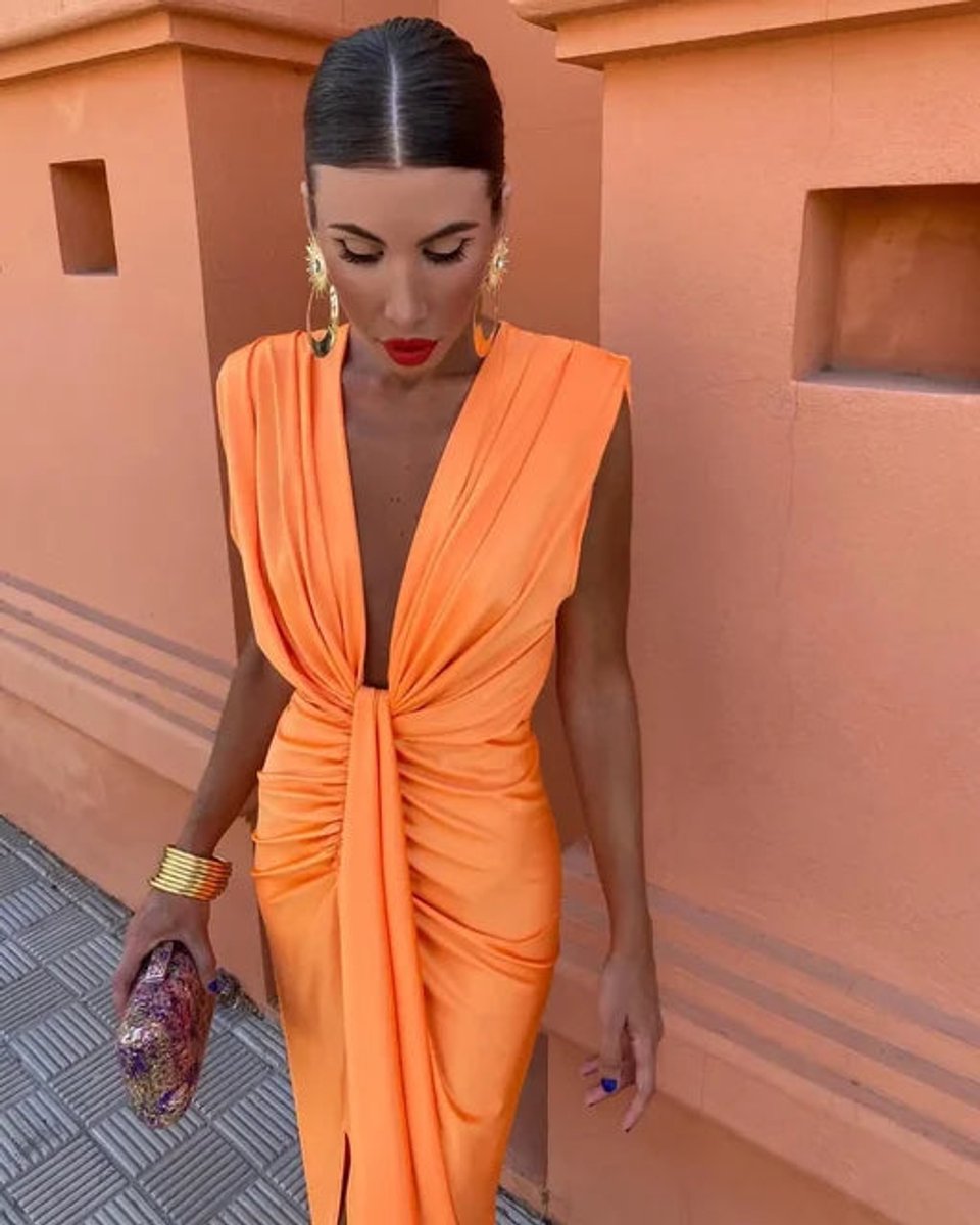Womens Midi Dress Sleeveless Deep V-Neck Pleated High-Waist Split