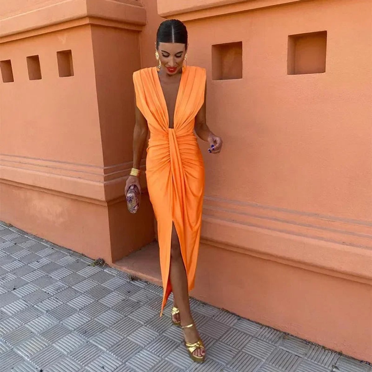 Womens Midi Dress Sleeveless Deep V-Neck Pleated High-Waist Split - Orange