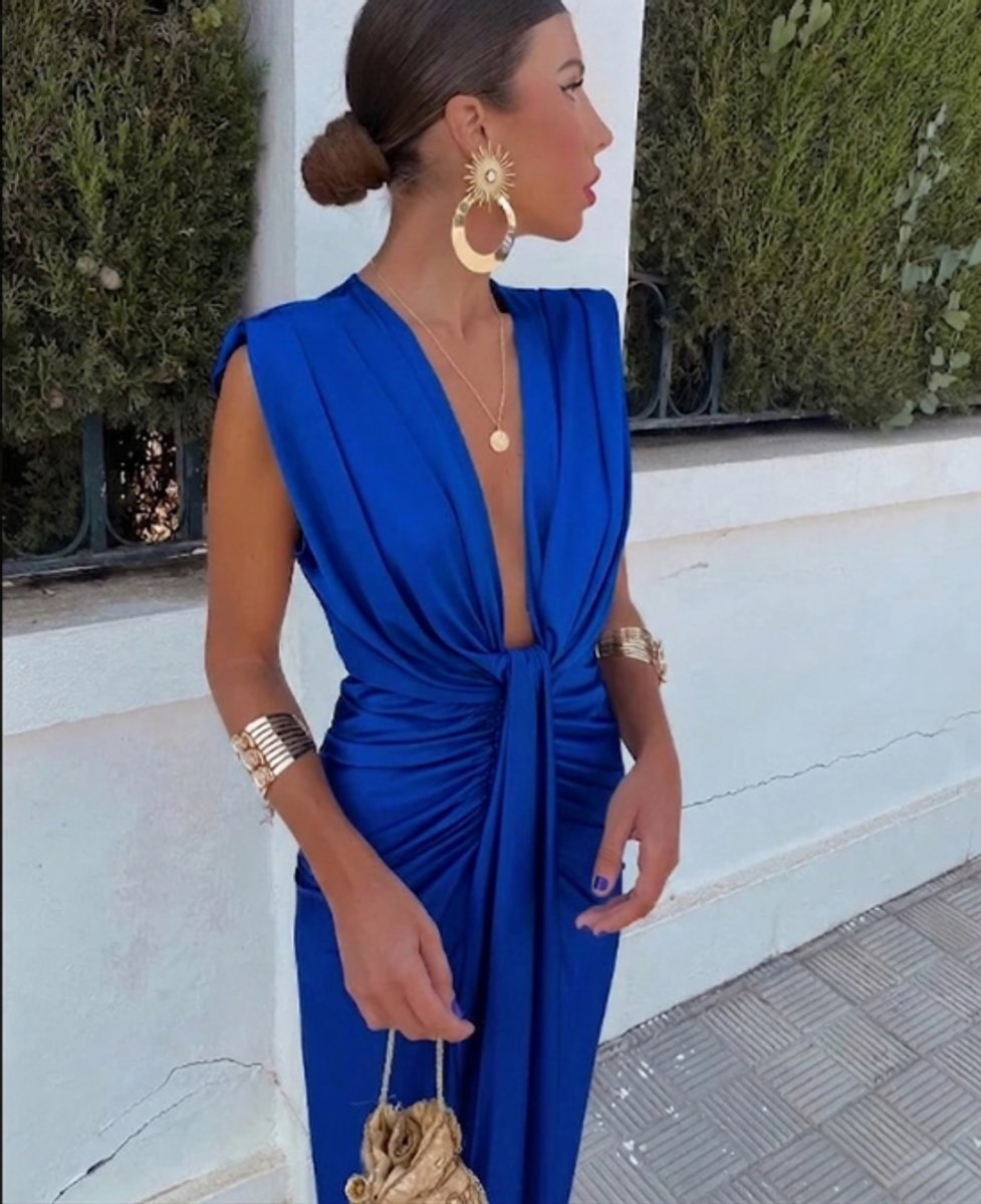 Womens Midi Dress Sleeveless Deep V-Neck Pleated High-Waist Split