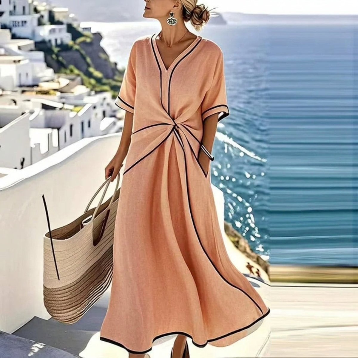 Women's Midi Wrap-Style V-Neck Contrast Trim Dress - Orange
