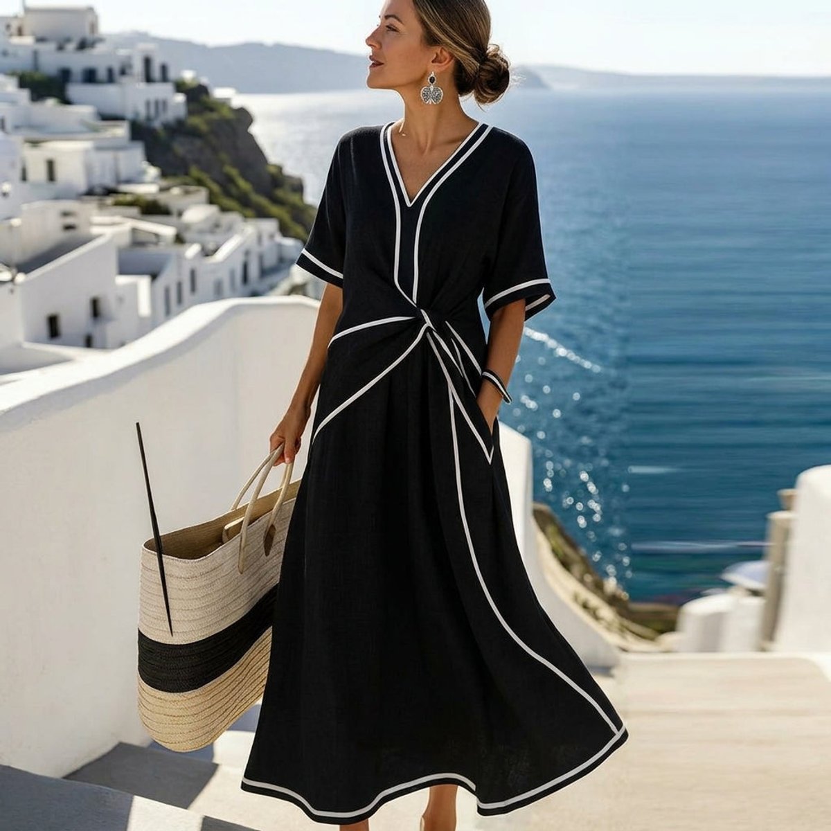 Women's Midi Wrap-Style V-Neck Contrast Trim Dress - Black