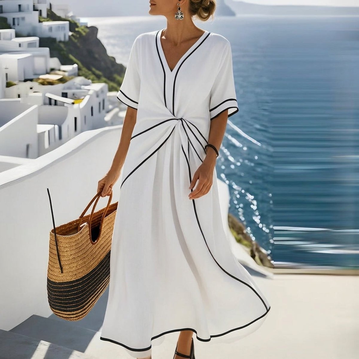 Women's Midi Wrap-Style V-Neck Contrast Trim Dress - White