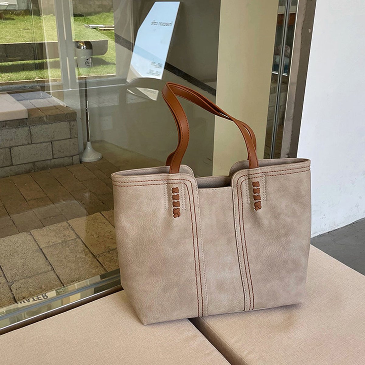 Women's Minimalist Faux Leather Structured Tote Bag - Khaki