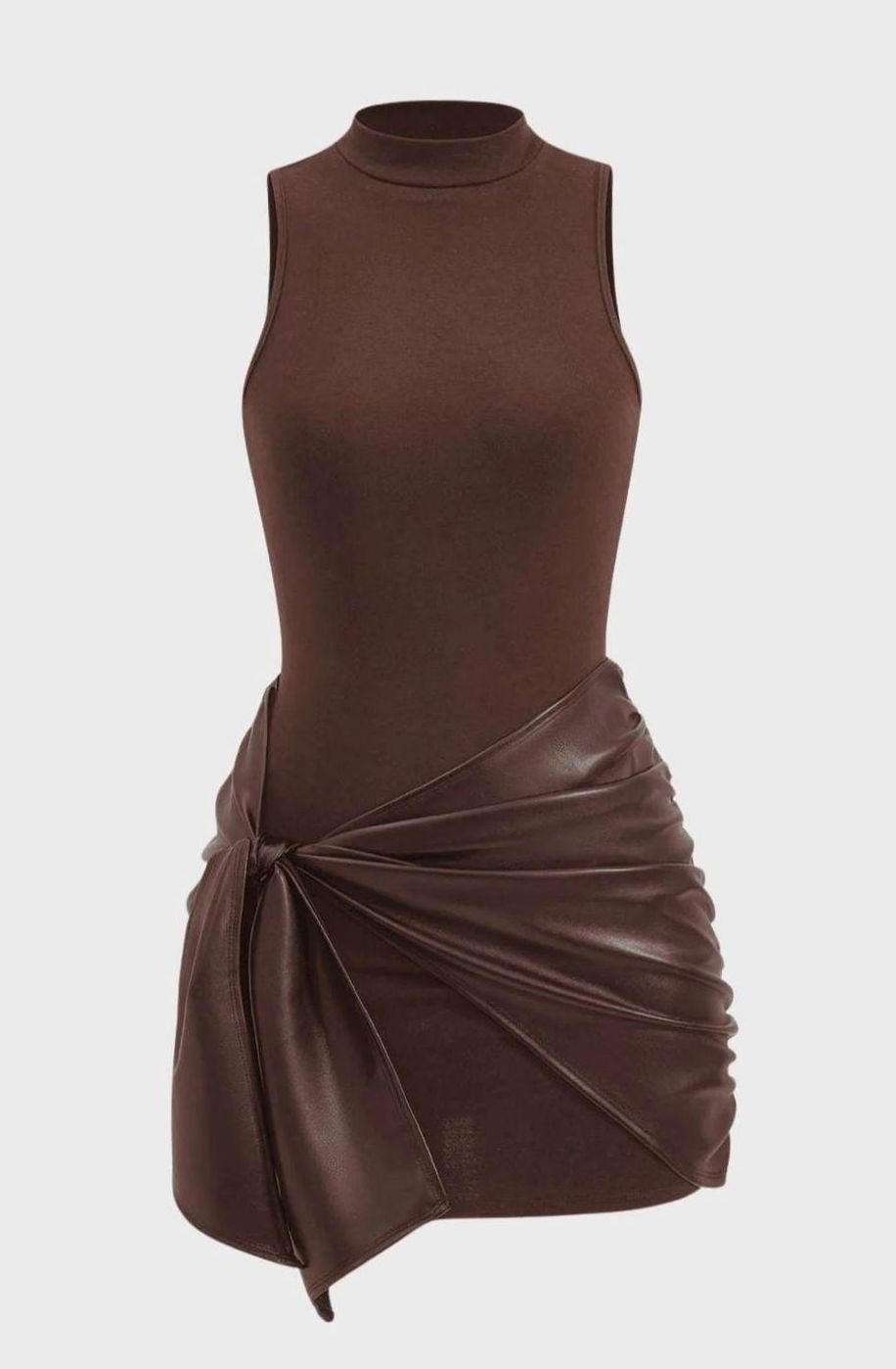 Women's Mock-Neck Faux Leather Tie-Front Sleeveless Mini Party Dress - Brown
