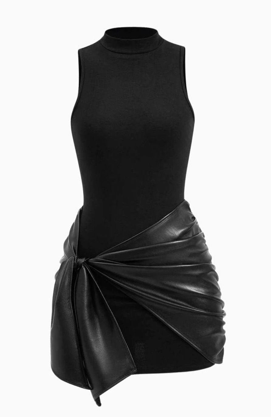 Women's Mock-Neck Faux Leather Tie-Front Sleeveless Mini Party Dress - Black