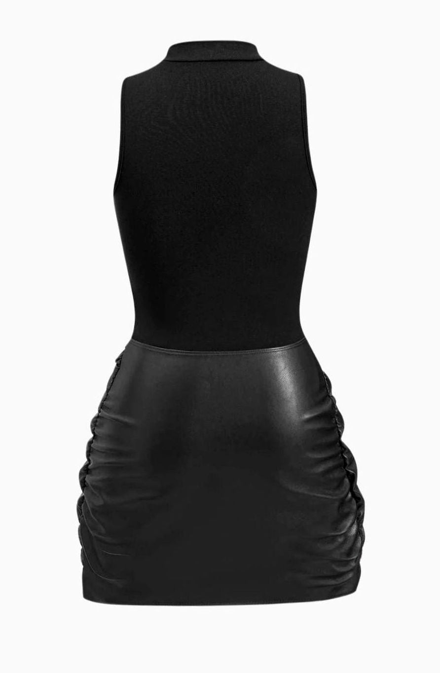 Women's Mock-Neck Faux Leather Tie-Front Sleeveless Mini Party Dress