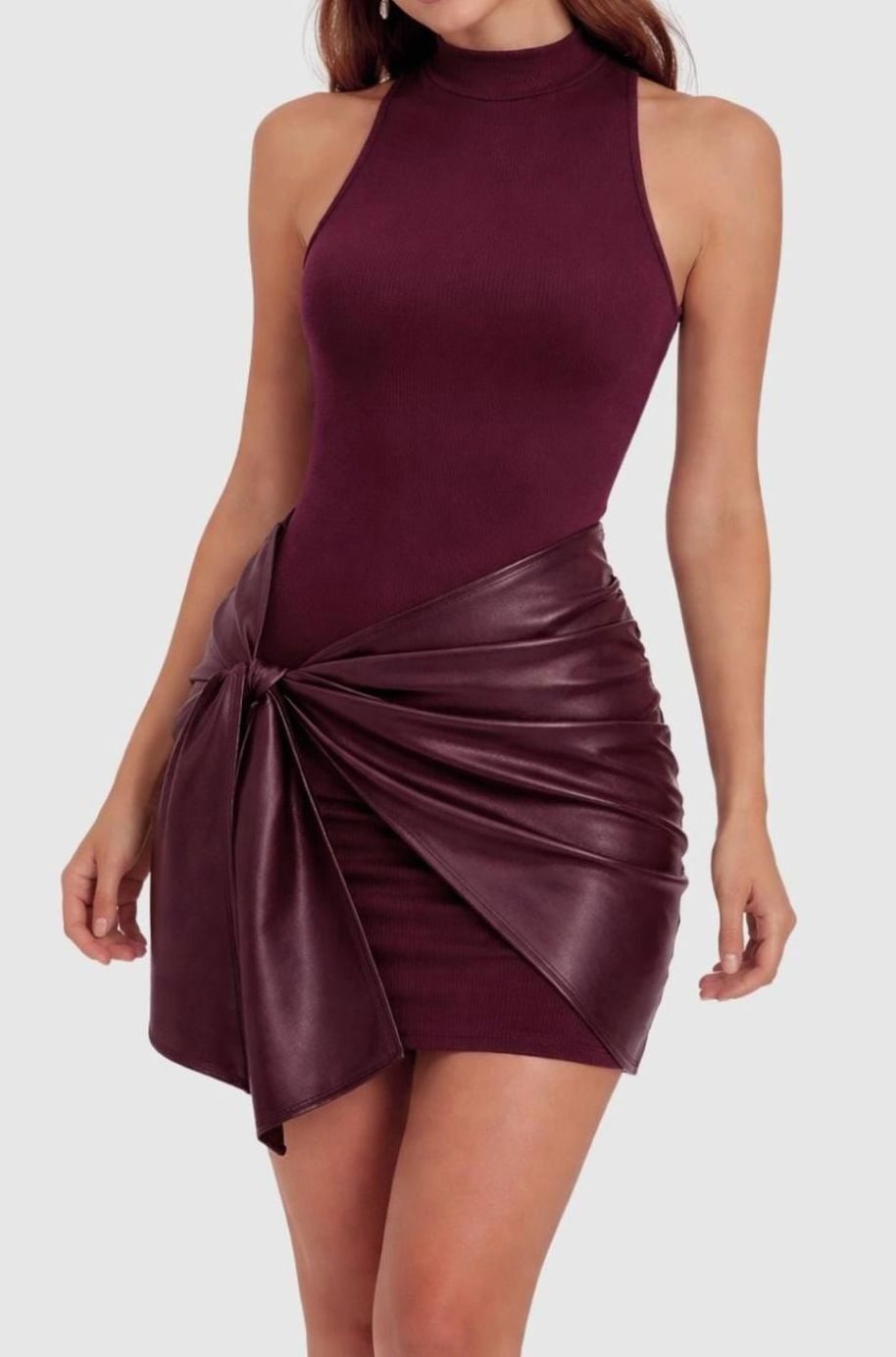 Women's Mock-Neck Faux Leather Tie-Front Sleeveless Mini Party Dress