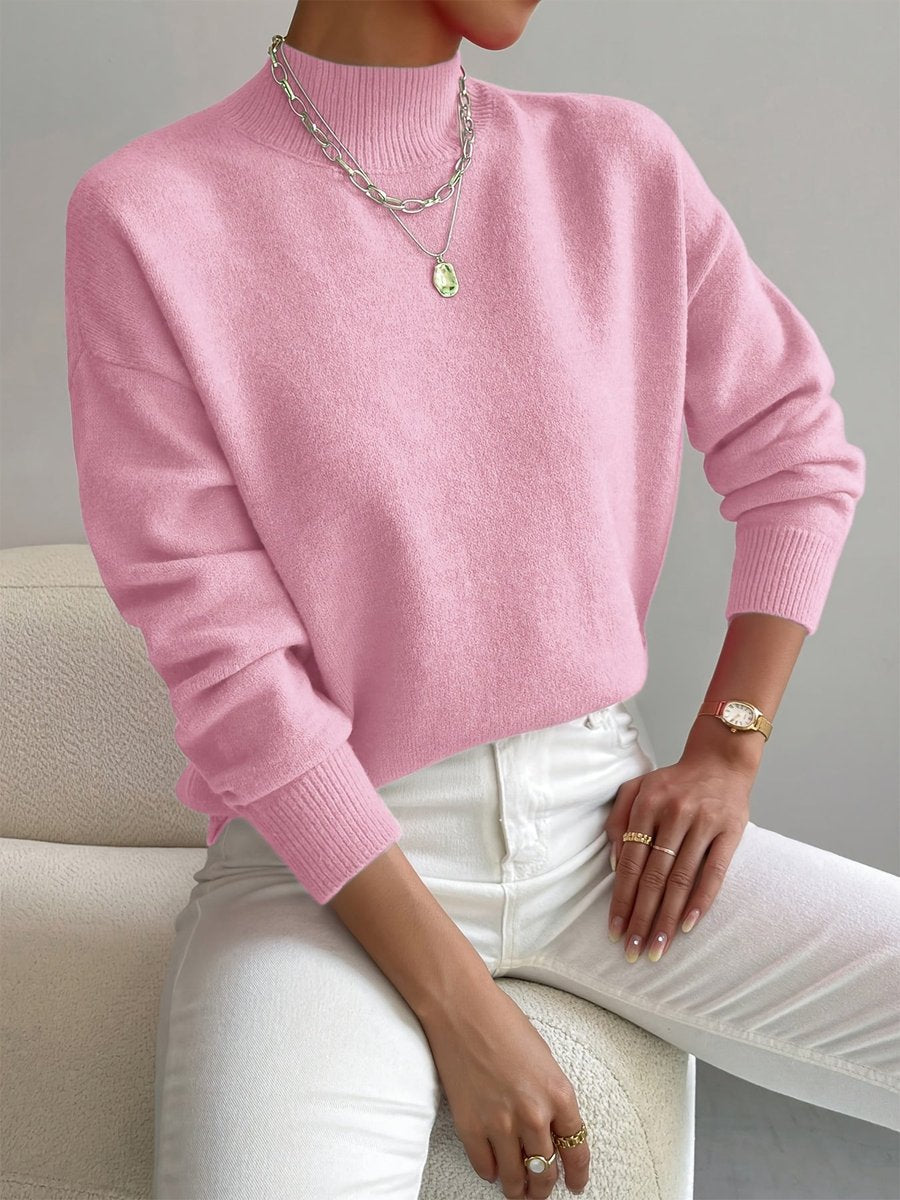Women's Mock Turtleneck Relaxed-Fit Long-Sleeve Knit Sweater - Light Pink