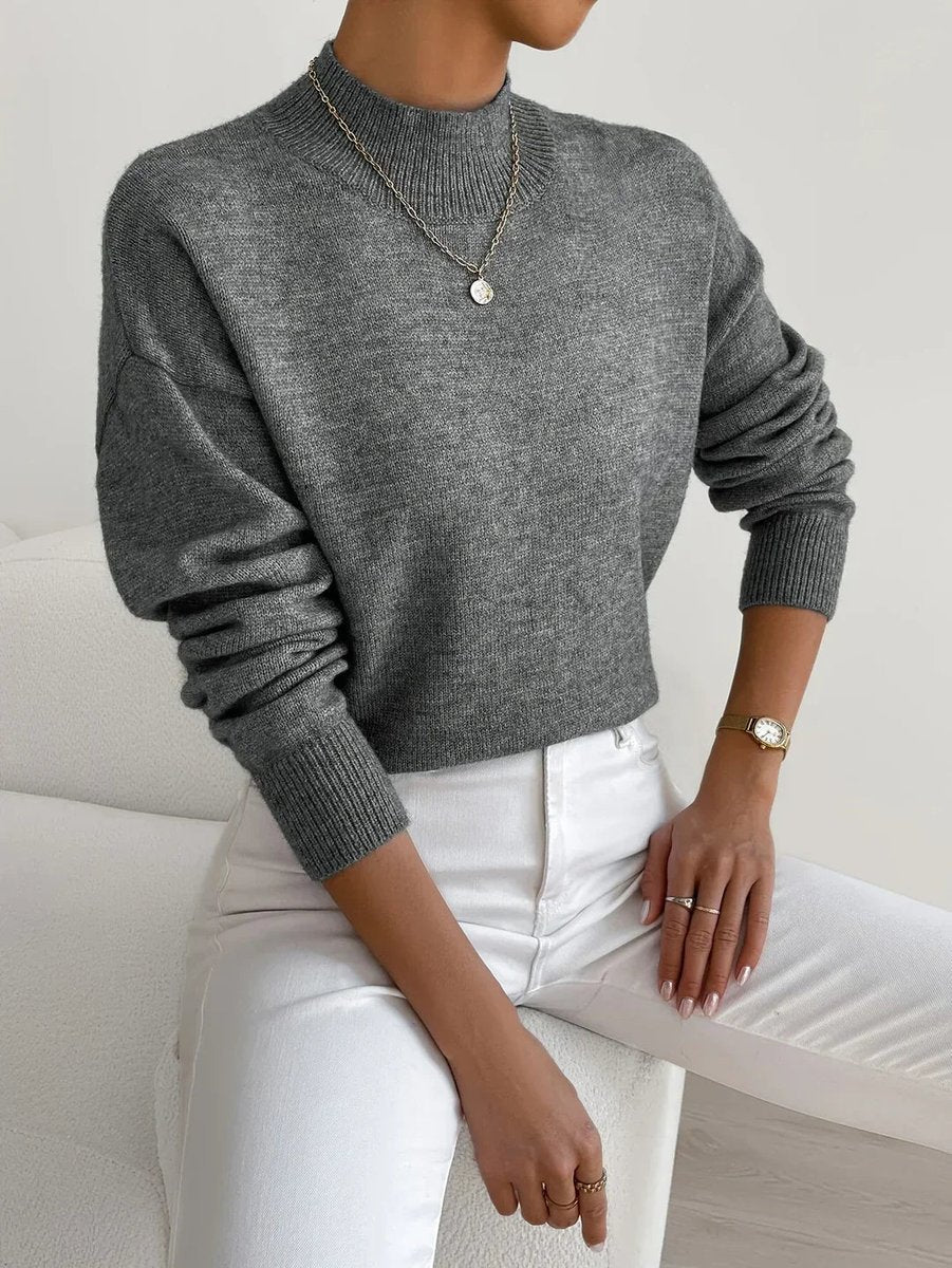 Women's Mock Turtleneck Relaxed-Fit Long-Sleeve Knit Sweater - Dark Grey
