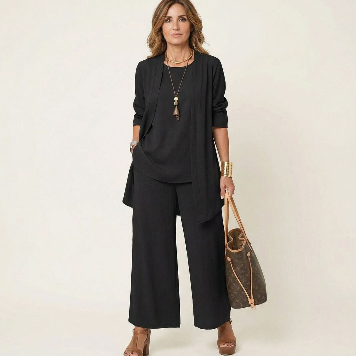 Women's Monochromatic Three-Piece Wide-Leg Trouser Co-ord Set - Black